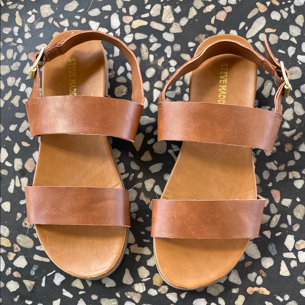 Steve Madden Tan Leather Double-Strap Sandals with Ankle Buckle